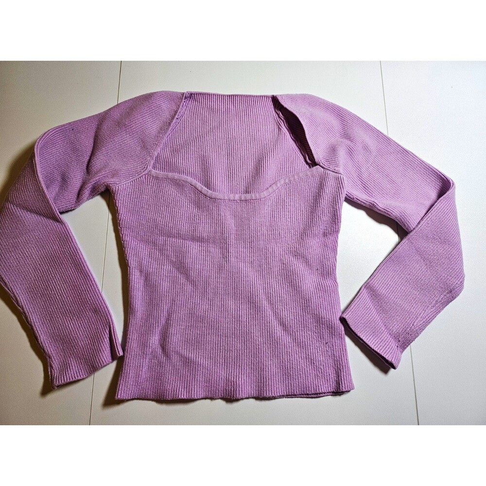 Women’s Purple Ribbed Knit Cotton Sweetheart Neck Long Sleeve Cropped Sweater S